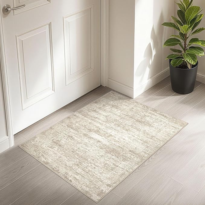 2x3 Entryway Area Rug: Washable Neutral Modern Abstract Small Rug - Non-Slip Low Pile Throw Indoor Carpet for Entrance Kitchen Front Door Mat Bathroom Entry Kids Room - Vintage Beige
