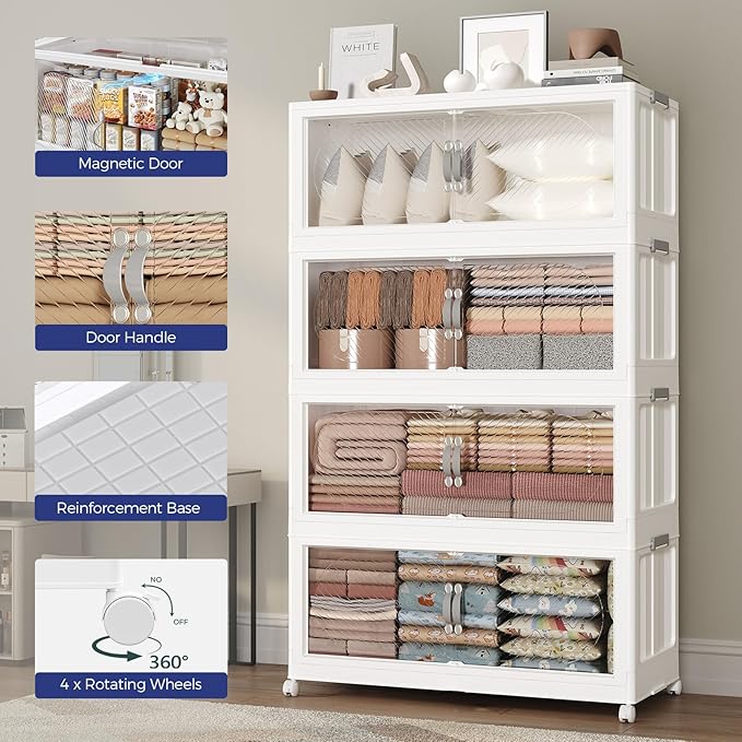 480QT Plastic Stackable Storage Bins with Lid, 120GAL Extra Large Collapsible Box with Wheels Clear Door, Foldable Closet Organizer Container Cabinet Drawer for Home Kitchen，4Pack, White