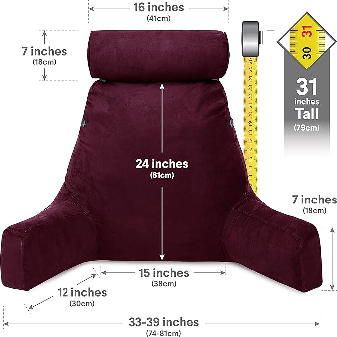 Husband Pillow XXL Aspen Edition, Adult Reading Sit Up Bed Rest Pillow for Bed with Arms & Neck Roll on Bungee Cord - Premium Memory Foam - Reversible 2 Sided Cover Micro Suede or Plush, Mauve Purple