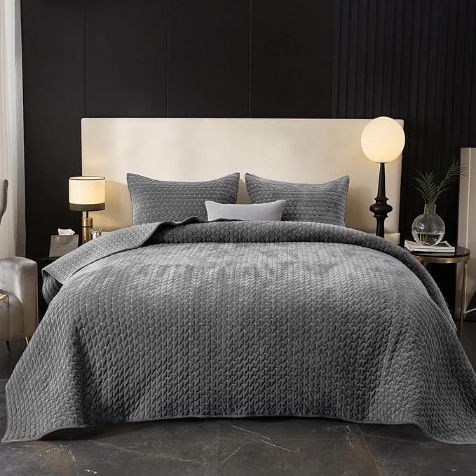 Powdion Velvet Quilt Queen Size, Oversized Bedspread Quilted Bedding Set, Luxurious Coverlet Set Lightweight Velvet Comforter for All Season with Pillow Shams Charcoal Gray, Striped Queen 90x96