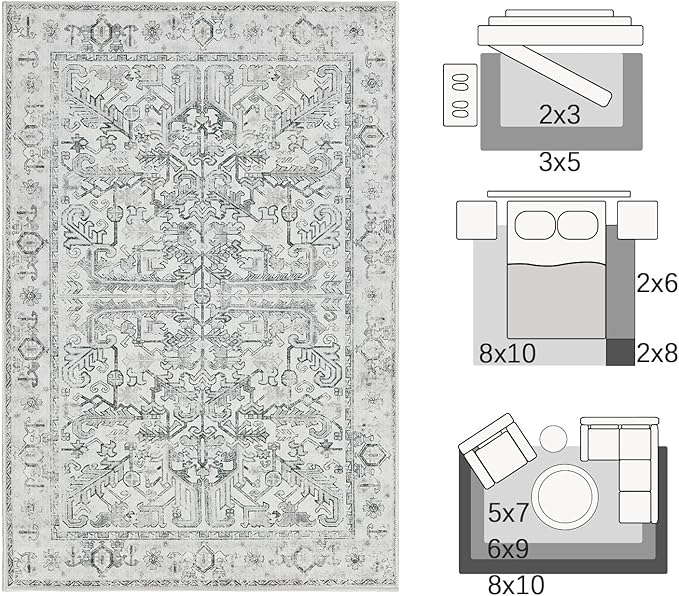 jinchan 9x12 Machine Washable Area Rugs for Living Room - Vintage Floral Stain Resistant Low Pile Ultra-Thin Non Slip Accent Rug for Bedroom Kitchen Dining Room Home Office (9x12ft,Grey)