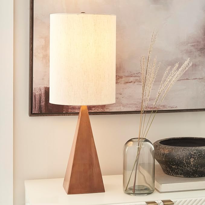 Nourison Home 21" Copper Finish Wood Triangle Table Lamp for Bedroom, Living Room, Dining, Office, Entryway