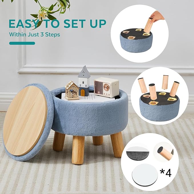 FIMIVIBI Small Foot Stool Ottoman with Storage, Soft Faux Fur Ottoman Foot Rest for Couch, Round Footstool with Storage, Small Ottomans and Footstools for Living Room and Entryway (Light Blue)