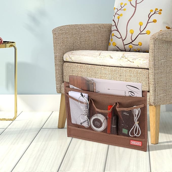 HAKACC Bedside Storage Organizer, Remote Control Holder, Bed Pockets Bedside Caddy Storage for Table Cabinet Phone Glasses, Brown