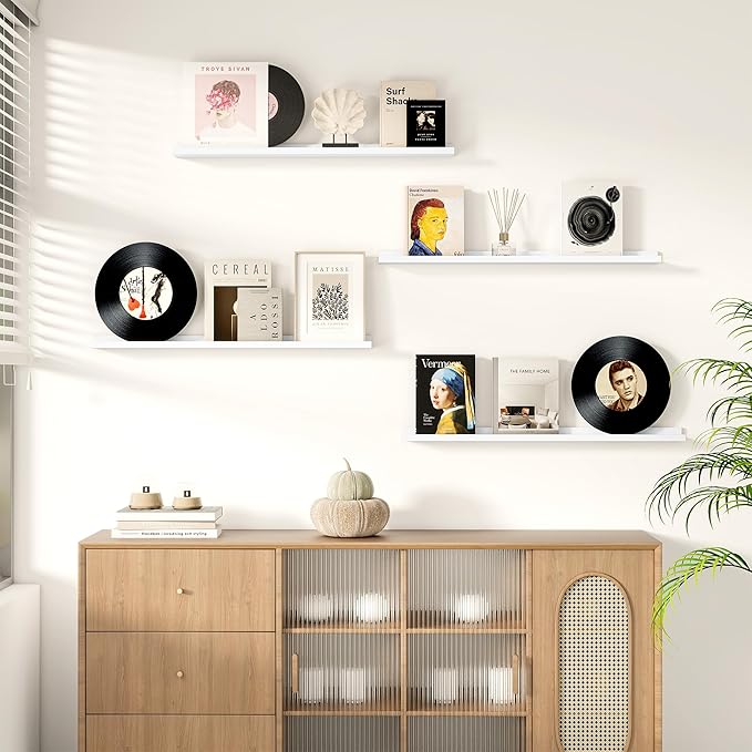 Fun Memories Picture Ledge Shelf for Wall, Floating Shelves Set of 4, 36 Inch Long Nursery Book Shelves for Toys Storage, Kids Bookshelf Wall Mounted for Books Photo Frames, White