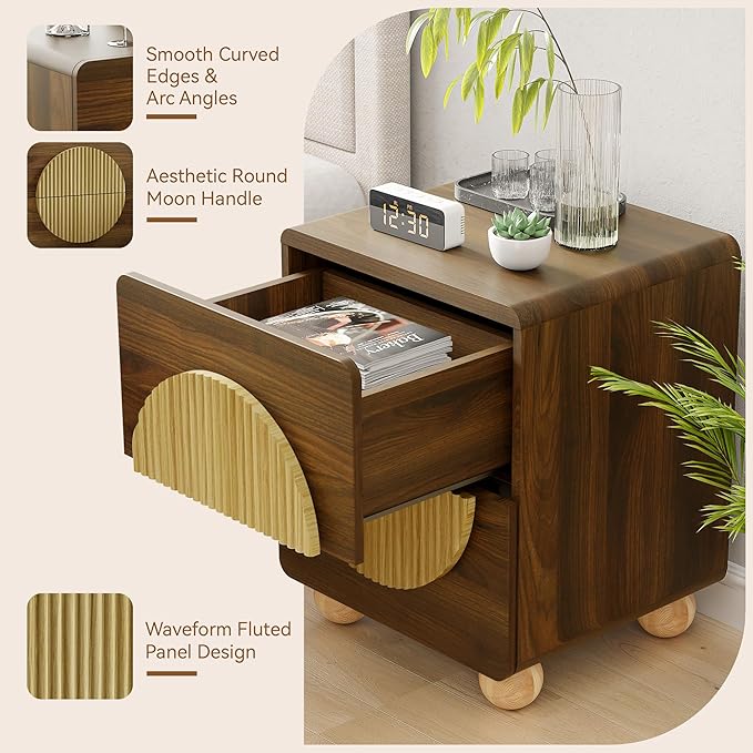 23" Fluted Nightstand with Solid Wood Legs Set of 2, Modern Style Walnut Bedside Table with Round Moon Handle & Storage, Mid Century Cute Night Stand for Bedroom, Side Table, End Table