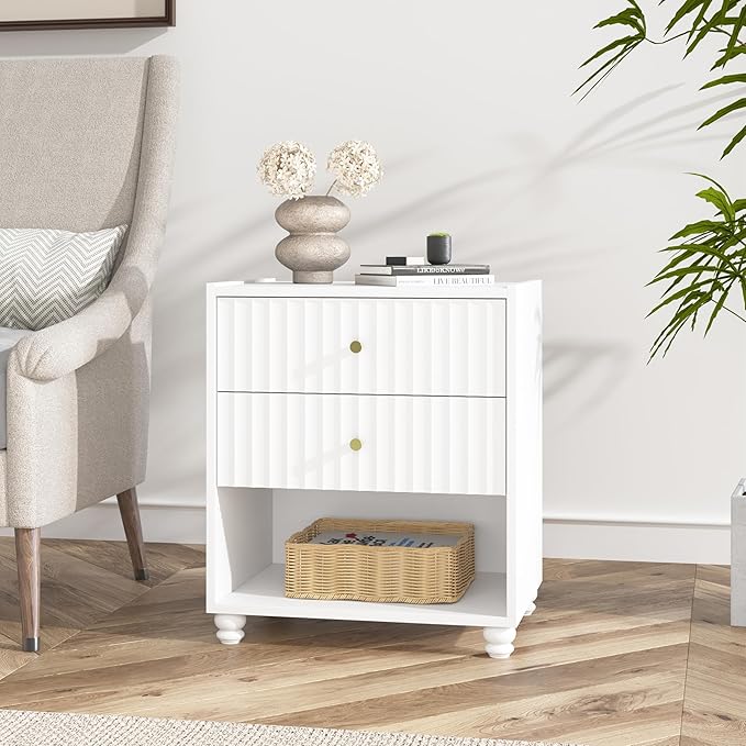 Modern Nightstand, Fluted End Table with 2 Drawers, Nightstand with Open Shelf for Bedroom (1, White)