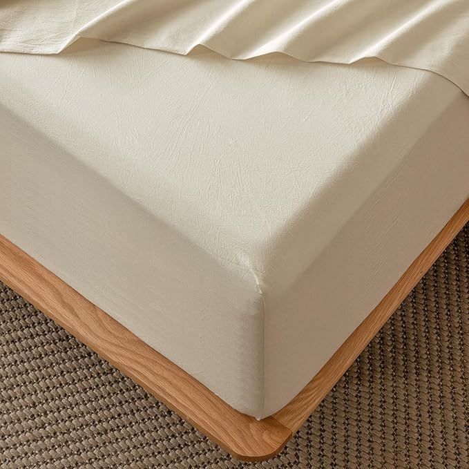 MooMee Fitted Bottom Sheet Only 100% Washed Cotton Linen Like Textured Breathable Durable Soft Comfy Deep Pocket Fits Mattress up to 17" (Cream White, Twin)