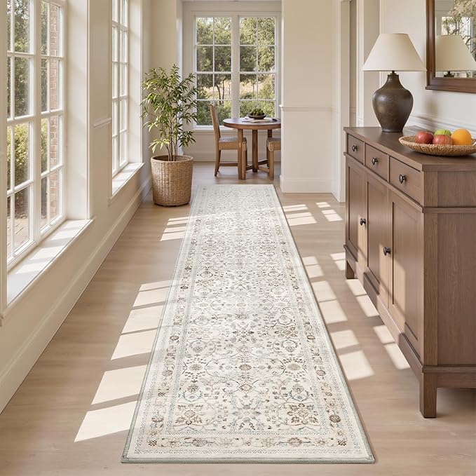 MontVoo-Vintage 2x10 Runner Rug-Soft Beige Washable Runners for Hallways-Non Slip Bedside Rugs for Bedroom-Machine Washable Long Rug for Hallways Entryway Laundry Room Stair Kitchen Bathroom