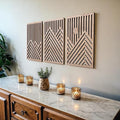 qmmp Modern Wooden Wall Sculptures - Set of 3 - Home Decor Accent - Large Wall Art for Living Room, Bedroom, Office - Easy Installation (Oak, Medium - Mountain and Sun)