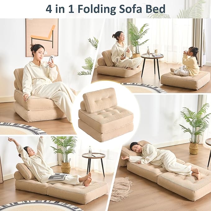 Folding Chair Bed, Futon Sofa Bed, Floor Couch for Adults Chair Bed for Living Room, Lounge Sofa, Convertible Sofa Bed, Small Couches for Small Spaces, Camel