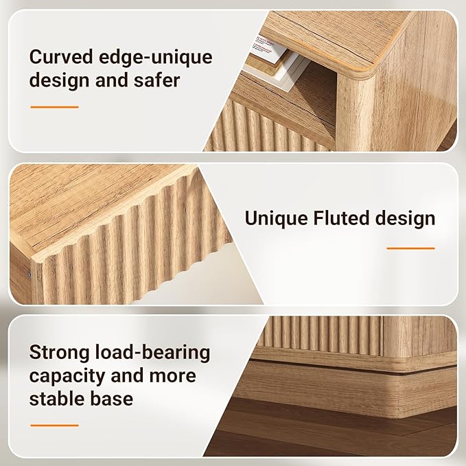 ELYKEN Wood Fluted Nightstand Set of 2, 24" Wide Night Stand with Charging Station & LED Lights, 2 Pack Bedside Table with 2 Drawers and USB & Type-C Port for Bedroom