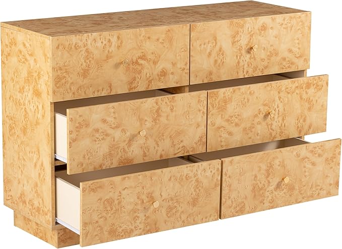 Modern 6 Drawer Dresser Set of 2 with Burl Finish, Wide Wood Chest of Drawers Clothes Organizer, Stylish Large Storage Cabinet for Bedroom or Entryway