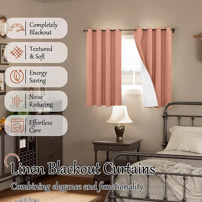 Terracotta Linen Blackout Curtains 54 Inch Long 2 Panels for Bedroom, Thermal Insulated Total Light Blocking Noise Reducing Window Curtains for Farmhouse Living Room, Each 52x54 Inch 2 Panels