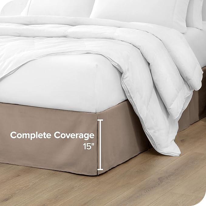 Bare Home Queen Bed Skirt - 15-Inch Tailored Drop Easy Fit - Bed Skirt for Beds - Center & Corner Pleats (Queen, Taupe)