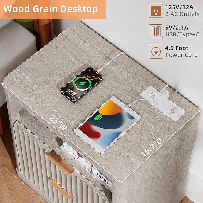 LEYAOYAO Fluted Farmhouse Nightstand Set of 2 with Charging Station, 23" Wide 2 Drawers Night Stand,LightGrey Dresser for Bedroom,Bed Side Table Chest of Drawers,Wood End Table for Living Room