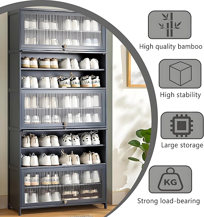 Tall Shoe Cabinet with Acrylic Doors, 10-Tier Large Capacity Bamboo Shoe Cabinet, 40-45 Pairs Freestanding Shoe Rack & Shoe Organizer for Closet Entrance, Hallway, Living Room, Bedroom