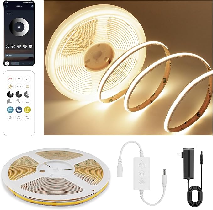 COB LED Strip Lights Warm White,24V Dimmable led Light Strip KIT with Remote and app Control,3000K 9.84FT/3m 8mm Wide Ra>90 Cuttable Flexible Strip Lights for Bedroom,Wardrobe,Cabinet