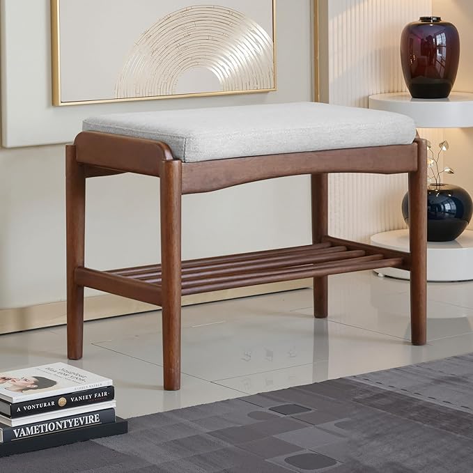 Black Walnut Shoe Bench Assembled, Solid Wood Shoe Rack Bench with Cushion for Entryway, Living Room, Bedroom, Hallway, 11.8" x 23.6" x 16.5"