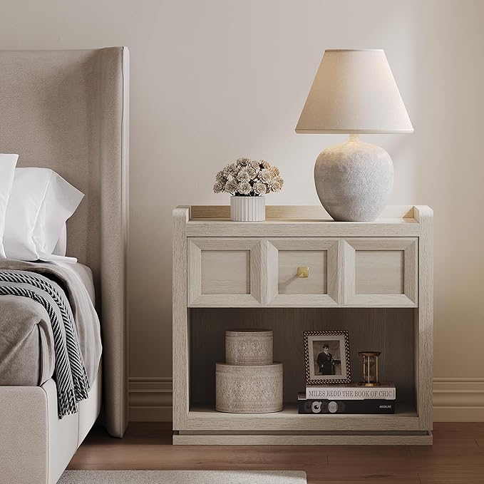 SICOTAS Night Stand Set 2, 26" Wide Nightstands with Drawer, Large Queen Size Nightstands Set of 2, Modern Bedside Table for Bedroom, Side End Table, Grey White Oak