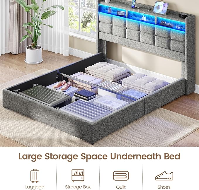 Lift Up Queen Bed Frame with Storage, Upholstered Bed Frame Queen Size with LED Lights Headboard and Charging Station, No Box Spring Needed, Easy Assembly - Light Grey
