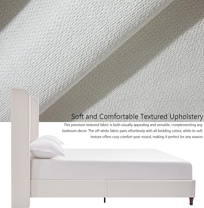 Harper 54" Extra-Tall Headboard Bed Frame - Modern Wingback Upholstered Platform Bed, 1000lbs Heavy Duty Support, Textured Chenille, No Box Spring Needed (Cream White King U.S. Standard)