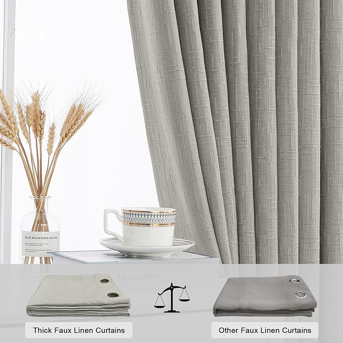 Jacquard Linen Curtains 63 inch Length 2 Panels Thick Faux Linen Blended Window Drapes Burlap Textured Curtains with Grommet for Living Room Bedroom Farmhouse (42x63 Light Khaki) Natural