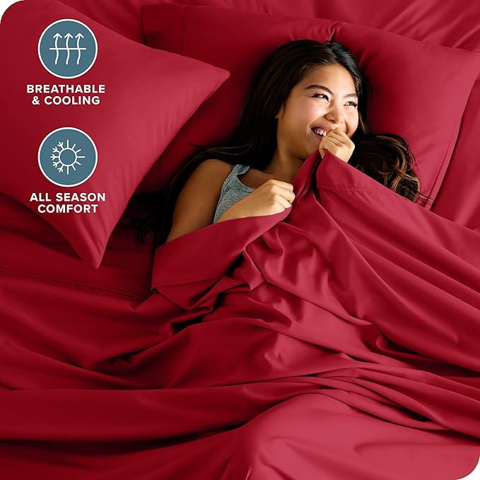 Bare Home Hotel Luxury Split King Sheet Set, Extra Soft - 7 Piece Set - Deep Pockets - Easy Fit - Cooling & Breathable - Wrinkle, Fade, Stain Resistant - Includes 4 Pillowcases (Split King, Red)
