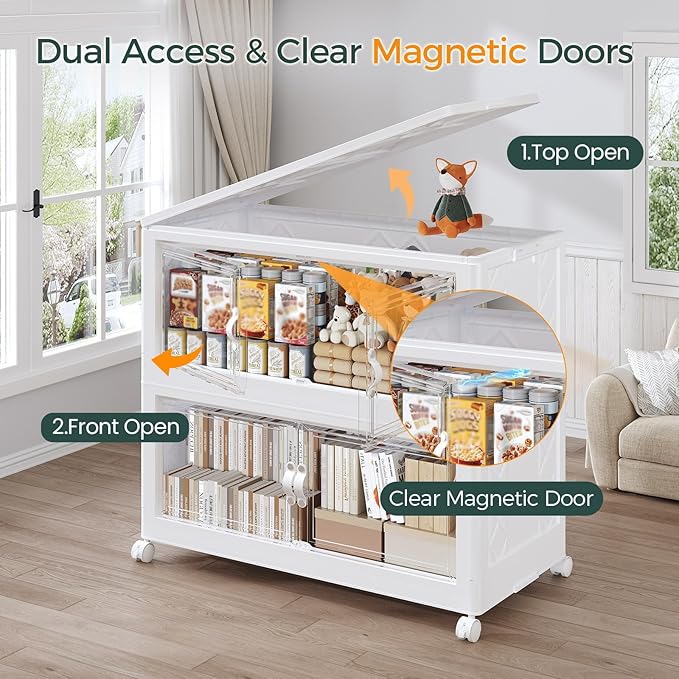 90Gal Stackable Storage Bins with Lid, 360Qt Extra Large Collapsible Storage Box with Doors and Wheels, Plastic Closet Organizer and Storage Cabinet Drawer for Home Kitchen, 3Pack White