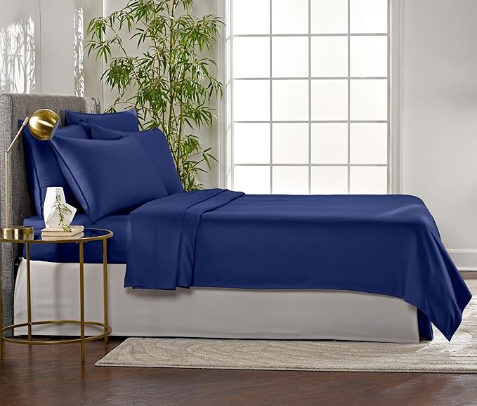 Pure Bamboo Queen Sheets, Genuine 100% Organic Viscose Derived from Bamboo Bed Sheet Set, Luxuriously Soft & Cooling, Double Stitching, 2 Year Quality Promise (Queen, Cobalt Blue)