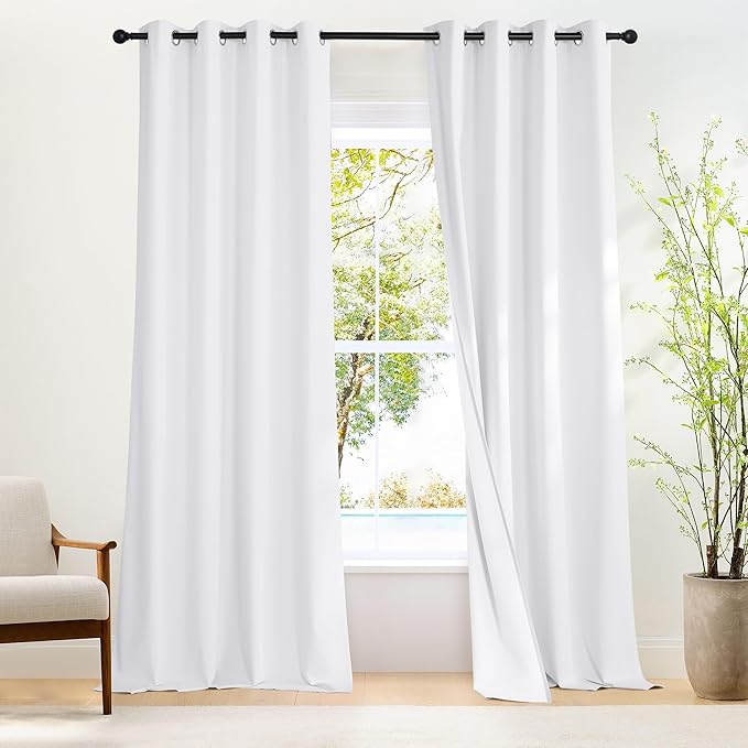 NICETOWN 100% Blackout White Curtains 96 inches Long 2 Panels, Grommet Full Blackout Window Treatments Thermal Drapes for Bedroom/Living Room，W46 x L96