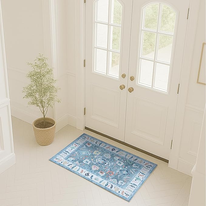 Fame Rugs Teal Modern Oushak Rug 2x3, Vintage Doormat Turkish Colorful Oriental Antique Inspired Washable Small Area Rug, Luxury Living Room Bedroom (995T, 2' x 3')