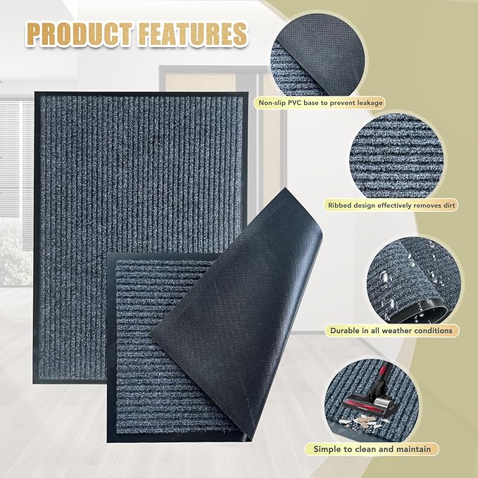 Front Door Mat,2'x3'Indoor Outdoor Door Mat,Heavy Duty Durable Welcome,Commercial Floor Mats Inside Outside Entrance, Waterproof All-Season, All-Weather Non Slip Backing Doormat for Entryway,Dark Gray