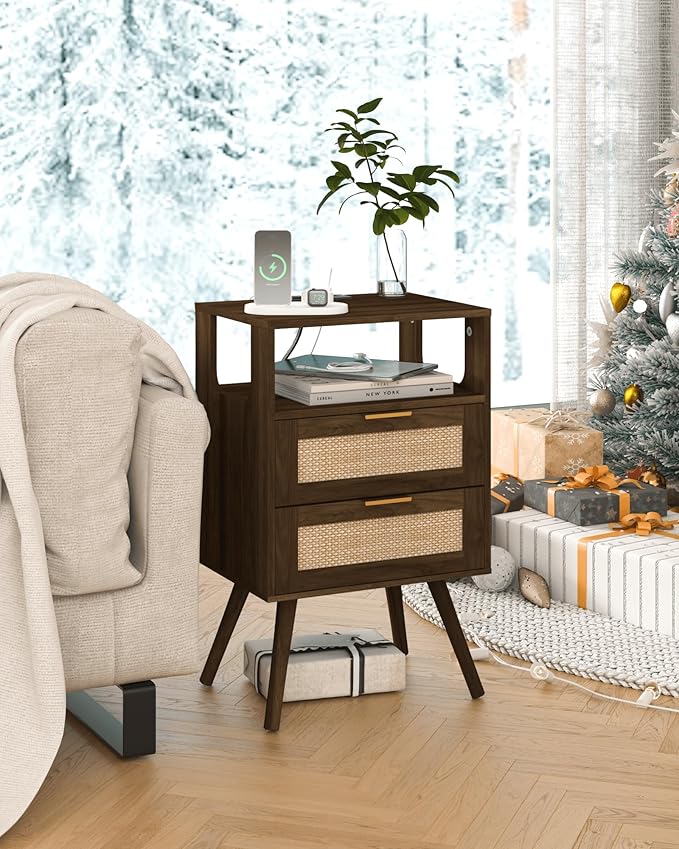 Rattan Nightstand (Walnut Brown-2D)