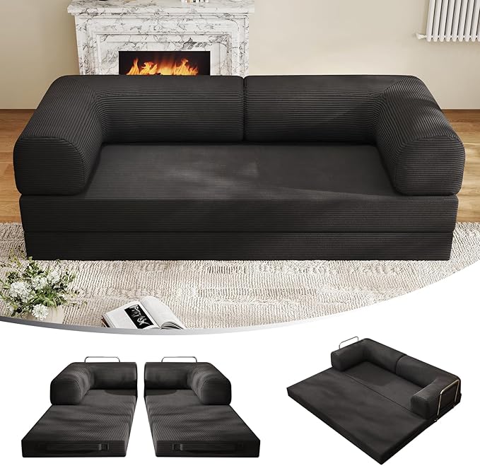 5-in-1 Folding Convertible Sofa Bed with L-Shaped Cylindrical Pillow, Corduroy Boneless Couch, Pull Out Bed, Floor Sofa Modular Futon Couch for Living Room Bedroom Lounge - No Assembly Needed in