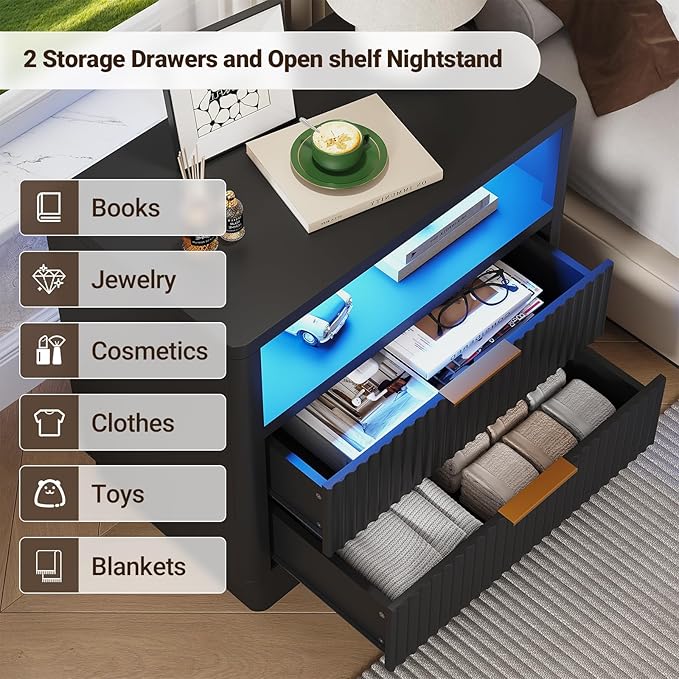 ELYKEN Black Fluted Nightstand with Charging Station & LED Light, 24" Wide Wood Night Stand for Bedroom, 2 Drawer Bedside Table with USB & Type-C Port for Bedroom