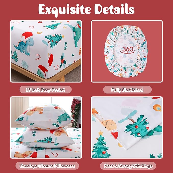 JSD Dinosaur Kids Christmas Sheet Set Twin Size, 3 Piece Soft Printed Microfiber Bed Sheets Deep Pocket