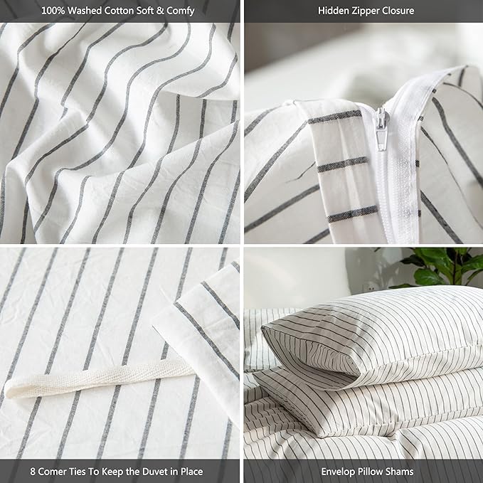 MooMee Striped Duvet Cover Set 100% Washed Cotton Linen Like Textured Breathable Durable Soft Comfy (White Dark Grey Wide Stripes, Super King 108"x98")