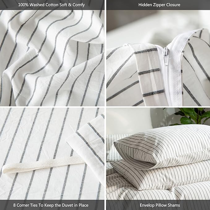 MooMee Striped Duvet Cover Set 100% Washed Cotton Linen Like Textured Breathable Durable Soft Comfy (White Dark Grey Wide Stripes, King 104"x90")