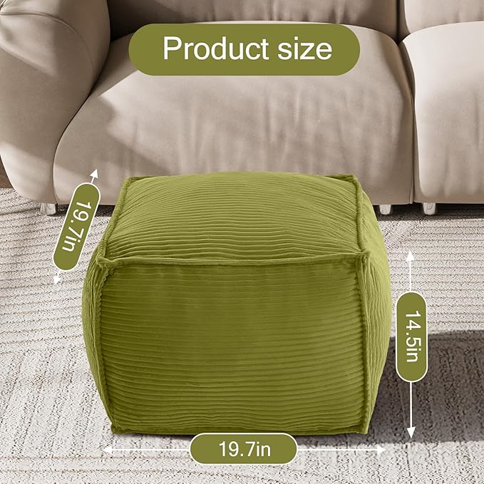 MeMoreCool Stuffed Pouf Ottoman Foot Rest Square, Corduroy Floor Pouf Foot Stool with Foam Chunk Filling, Soft Stuffed Ottoman Footrest for Living Room, Green