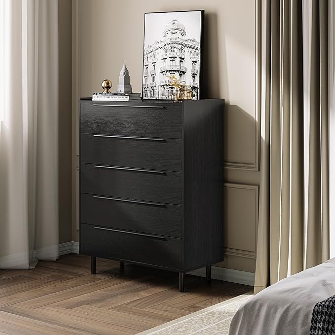 48" Tall Black Dresser for Bedroom, Modern 5 Drawer Chest of Drawers with Wood Grain Finish, Slim Vertical Storage Cabinet with Raised Edge Top, Anti-Tip Kit