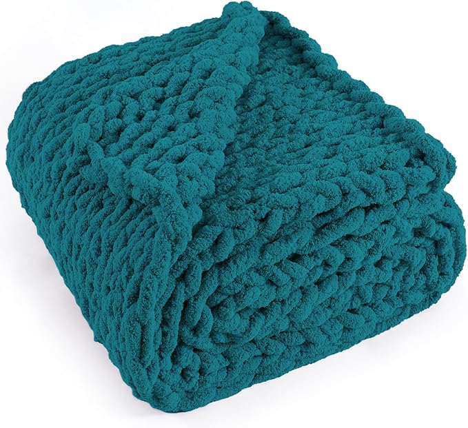 Chunky Knit Throw Blanket 50"X 60", 100% Handmade with Soft Chenille Yarn, 4.4lbs Thick Cable Knitted Blankets, Large Rope Knot Crochet Throws for Couch Sofa Bed Home Decor, Teal