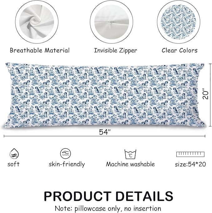 Chinoiserie Cavalier King Charles Spaniel Dog 20x54 Body Pillow Cover with Zipper,Blue and White Grandmillennial French Country Cavalier Dog Decorative Body Pillow Cases for Bed Couch
