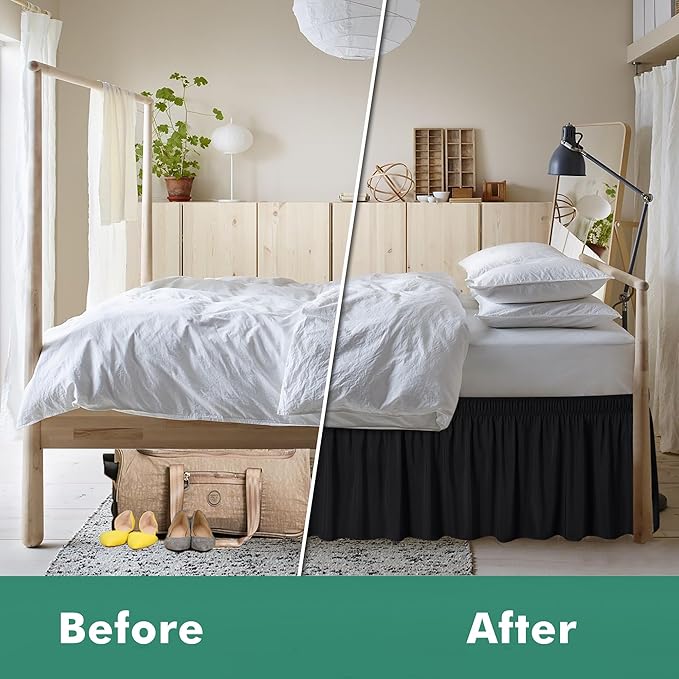 Biscaynebay Wrap Around Bed Skirts with Split Corners for Queen Beds 14" Drop, Black Elastic Dust Ruffles Adjustable Easy Fit Wrinkle & Fade Resistant Silky Luxurious Fabric Machine Washable