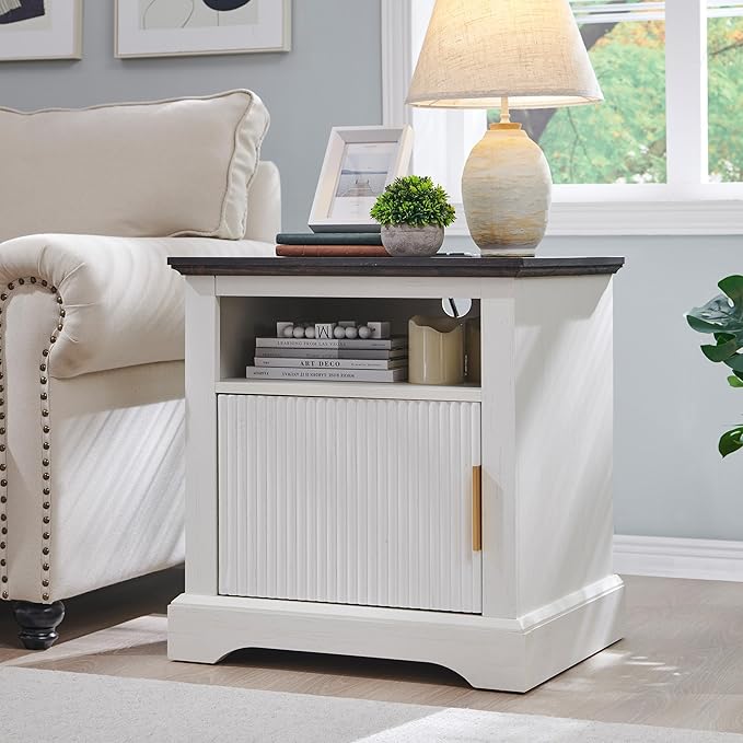 22" Large Fluted Nightstand with Charging Station, Modern End Table, Wood Side Table w/Open Shelf & Spacious Tabletop, Bedside Table with Storage Space for Bedroom, Living Room-White