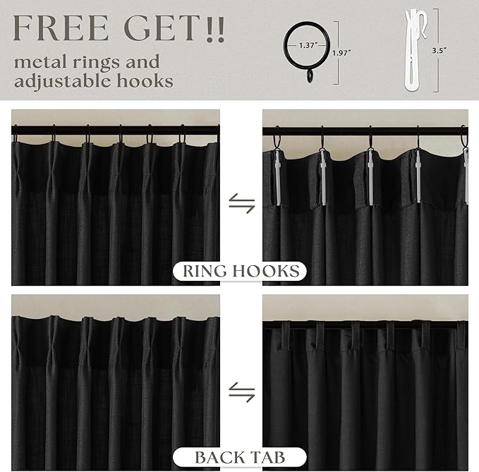 Black Linen Curtains Pinch Pleated 84 Inches Long for Living Room Bedroom Pleat with Rings Back Tab Semi Sheer Curtains 84 Inch Length 2 Panels Set Light Filtering Farmhouse Rustic Drapes