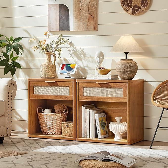 LEYAOYAO Rattan Dresser and Nightstand Sets 3 Piece, Boho Wood Dresser for Bedroom with 6 Drawers and Night Stand with Charging Station, Bedroom Furniture, Dressers & Chests of Drawers, Living Room