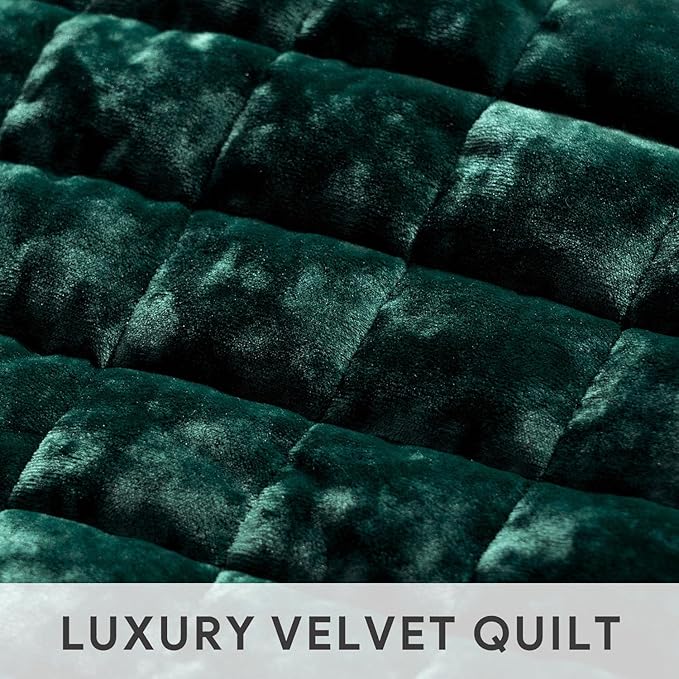 RECYCO Luxury Velvet Quilt Set King Size Bedding Sets, Ultra Soft Velvet Comforter Set, Lightweight Channel Box Stitch Oversized Bedspread Coverlet for All Season, with 2 Shams, Emerald Green