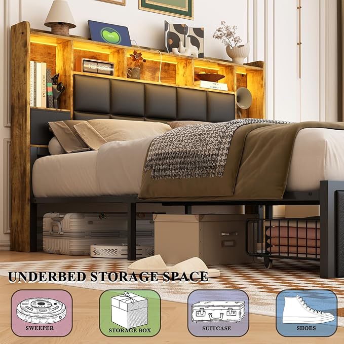 LED Bed Frame Queen Size with 2 Hidden Storage Drawers & Bookcase, PU Leather Headboard, Upholstered Platform Bed with Charging Station, Metal Slats Support, Noise Free, No Box Spring Needed