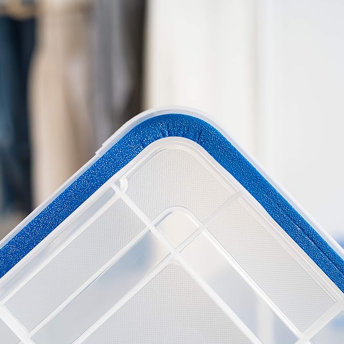 IRIS USA 26.5 Quart WEATHERPRO Plastic Storage Box with Durable Lid and Seal and Secure Latching Buckles, 3 Pack, Weathertight, Keep Pest Dust and Moisture Out, for Oversized Bulky Items, Clear/Blue